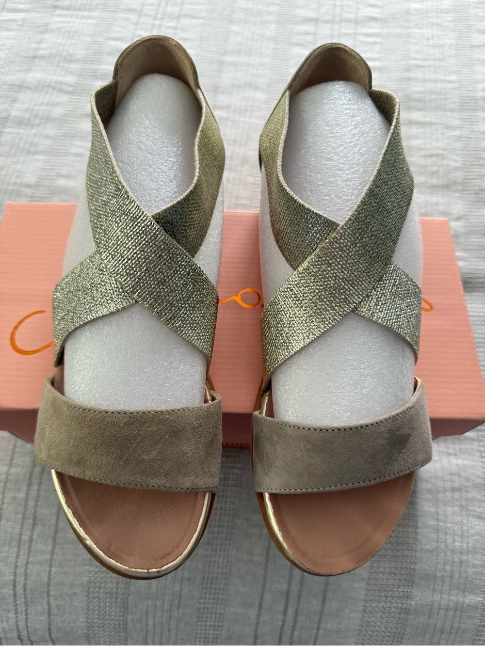 Gaimo Espadrille Jasmine Metallic Gold and Taupe Cross-Strap Wedge Sandals